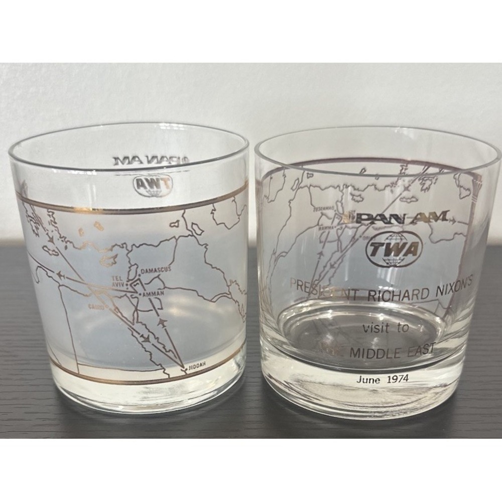 Set of 2 Pan Am TWA Low Ball Glasses President Nixon's 1974 Middle East Visit